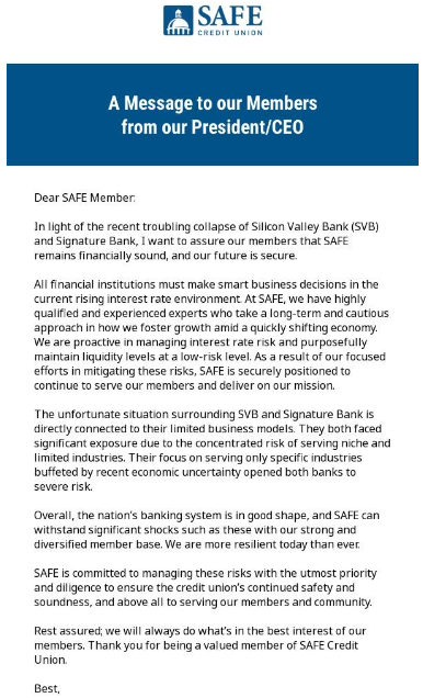 Silicon Valley Bank collapse Safe Credit Union email response