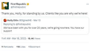 First Republic Bank customer confidence Tweet